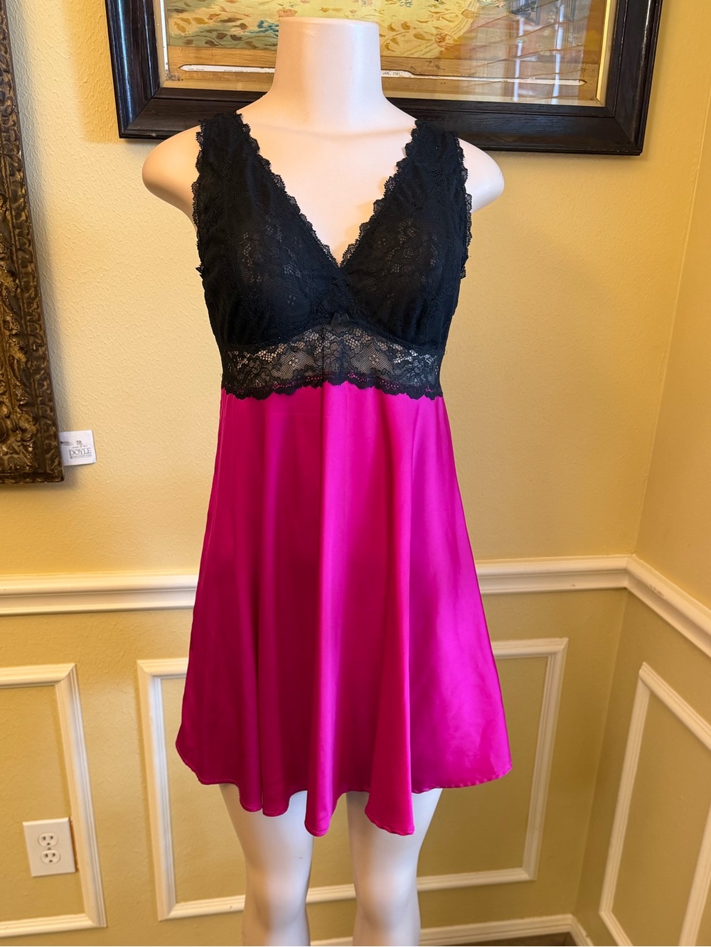 Fuchsia Satin Chemise with Black Lace Bodice - Women's Intimates